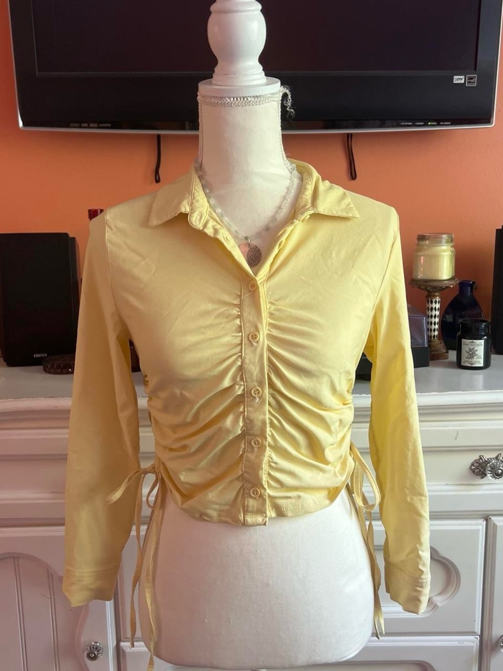 iris Yellow Ruched Button-Down Shirt with Side Ties